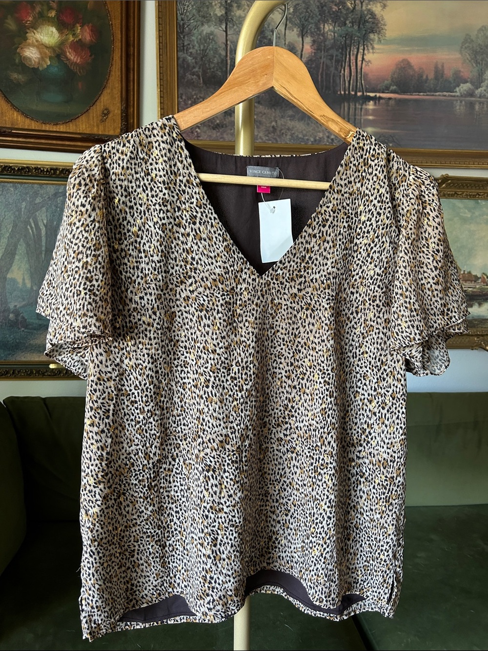 Vince Camuto Leopard Print V-Neck Flutter Sleeve Top - Beige/Black